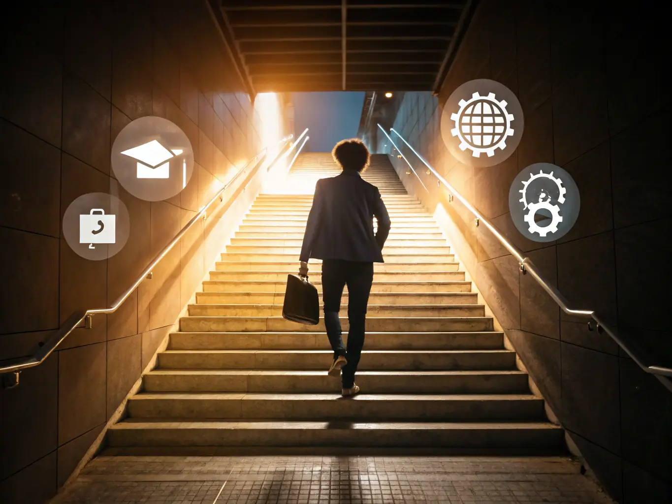 A motivational image of a person climbing stairs, symbolizing progress and achievement through coaching.