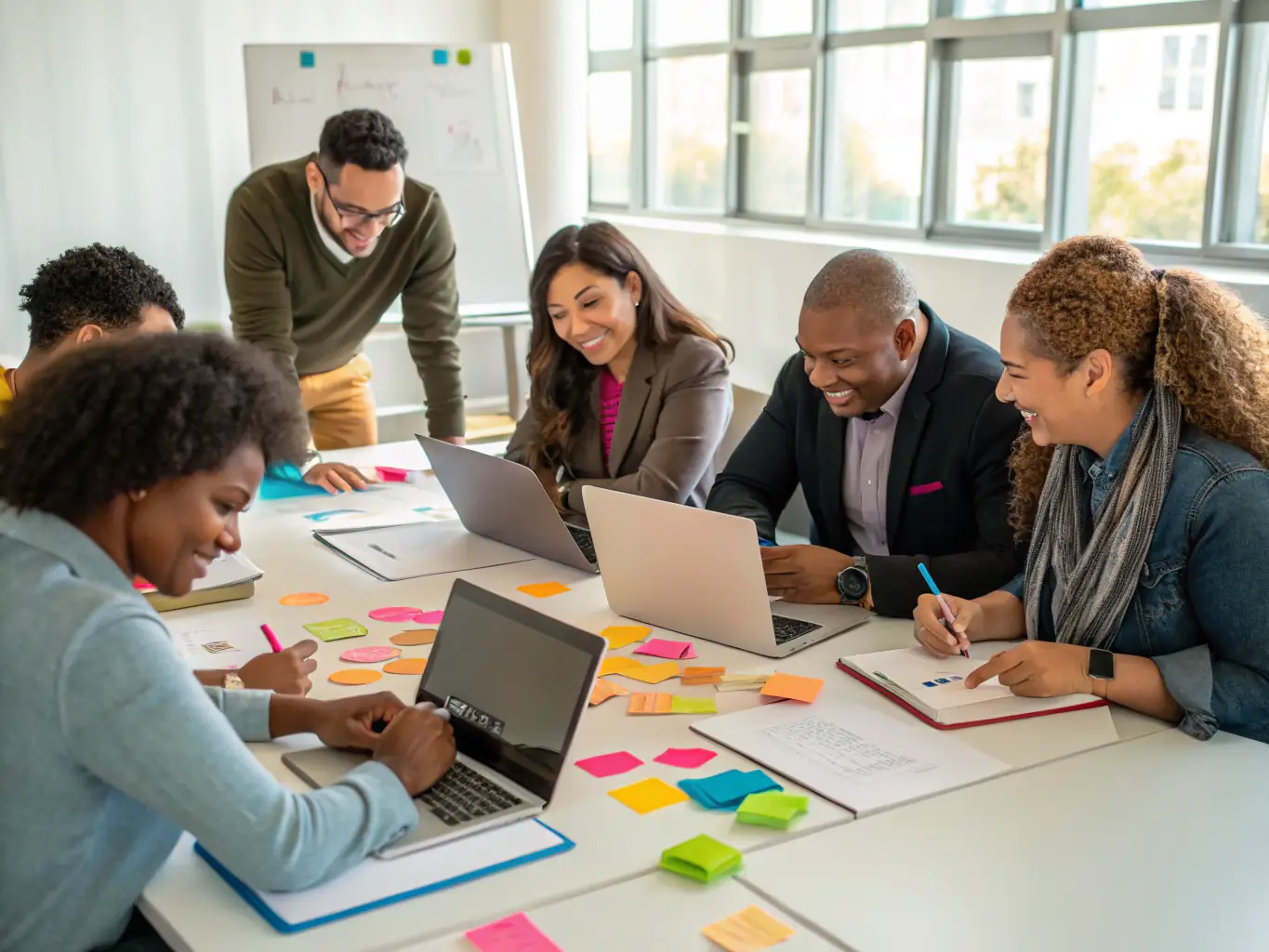 An image of a professional workshop with engaged participants and a coach facilitating a leadership session, symbolizing the Leadership Development Program.