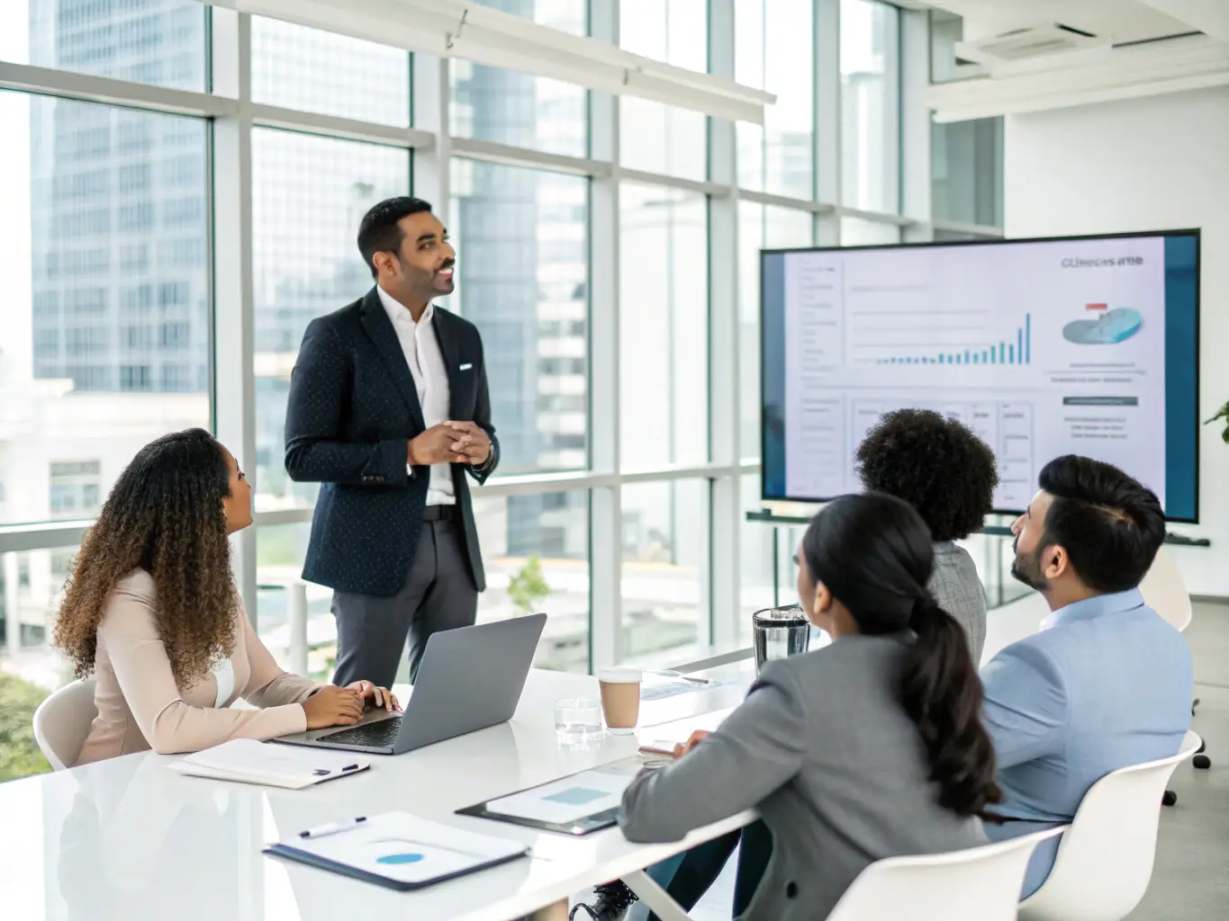 A professional Indian business coach in a modern office setting, smiling confidently while reviewing a growth chart with a client, symbolizing leadership development.