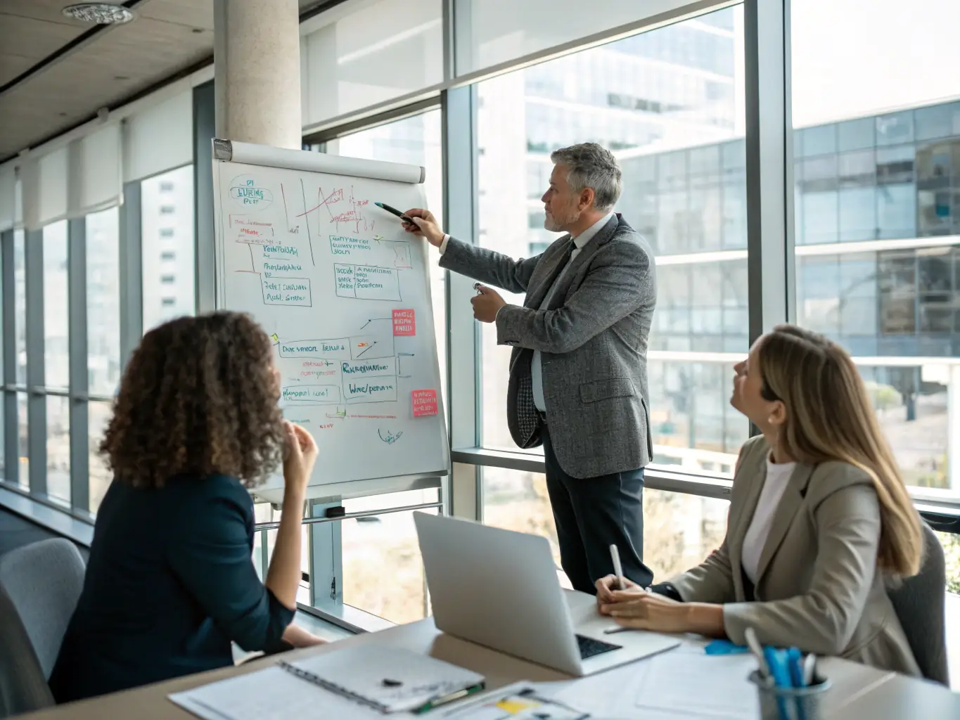 A professional business coach is guiding a client through a strategic planning session, focusing on leadership development and goal setting. The setting is a modern office with a whiteboard filled with ideas.